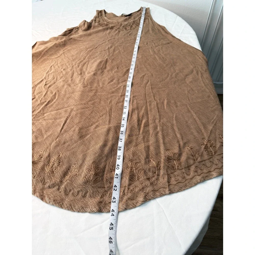 Boho Chic Tan Asymmetrical Midi Dress‎ Swim Coverup Floral Embroidered Lagenlook